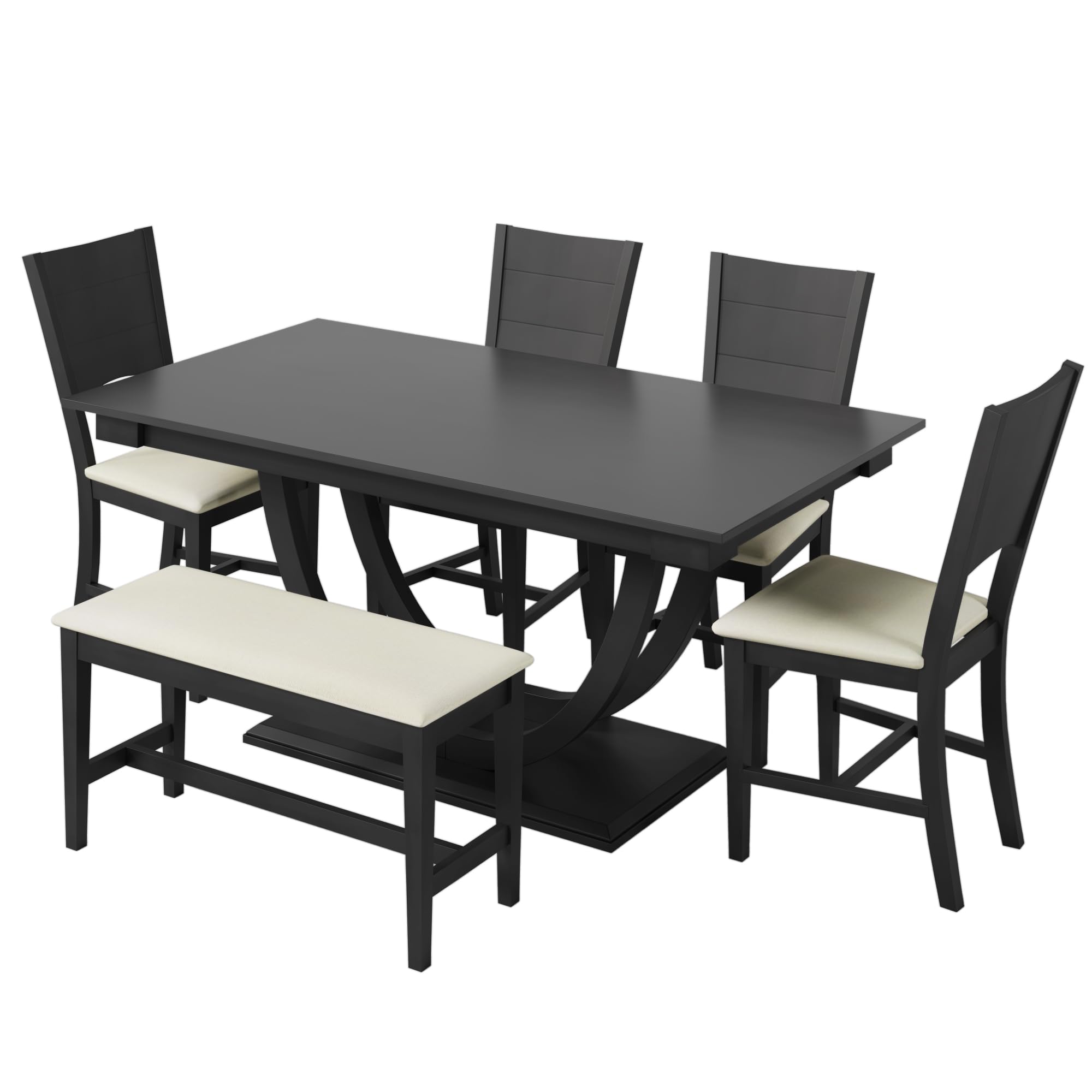 6 Piece Dining Table Set for 6 with Bench Wood Rectangular Kitchen Table Set, Gray