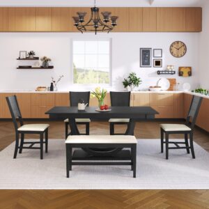 6 Piece Dining Table Set for 6 with Bench Wood Rectangular Kitchen Table Set, Gray