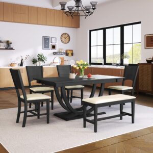 6 Piece Dining Table Set for 6 with Bench Wood Rectangular Kitchen Table Set, Gray