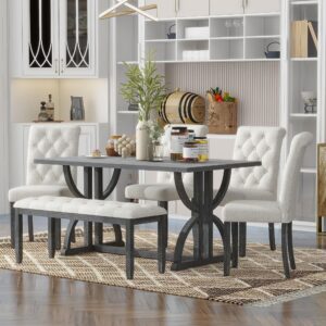 hzxinkedzsw 6-piece retro dining table set,wood rectangular table with unique legs and 4 upholstered chairs & 1 bench for dining room living room,kitchen table set for 6 (gray wash-59.8" l)