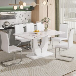 hohoedc modern white marble dining table set for 6,7 piece rectangle dining room table set &6 pu leather upholstered chairs,big kitchen dining table for 6-8 with mdf base for kitchen dining room…