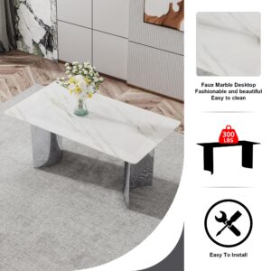 Maotifeys Luxury Faux Marble Dining Table for 6, 63" Rectangular Kitchen Table with Polished Silver Pedestal Base Modern White Marble Glass Dinner Table for 4-6 People in Kitchen Dining Room