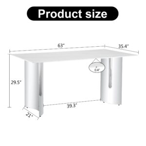 Maotifeys Luxury Faux Marble Dining Table for 6, 63" Rectangular Kitchen Table with Polished Silver Pedestal Base Modern White Marble Glass Dinner Table for 4-6 People in Kitchen Dining Room