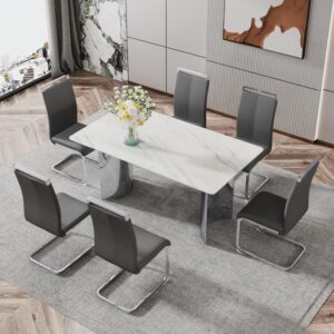 luxury white faux marble dining table set for 6, modern 63" long faux marble kitchen table with 6 grey pu leather dining chairs, 7-piece dining kitchen table and chairs set for 6