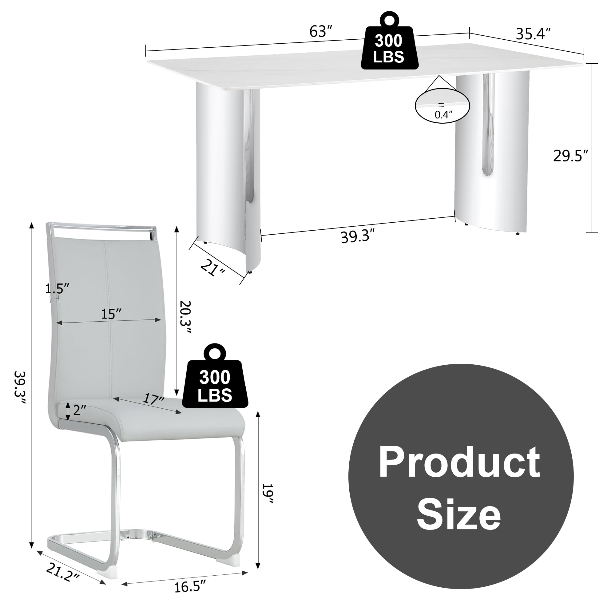 Maotifeys Marble Dining Table Set for 6, 7 Piece Modern Dining Room Table Set with Rectangle Kitchen Table and Upholstered Leather Chairs, 63" White Faux Marble Dining Table Chairs Set of 6,Light Grey