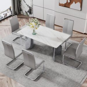 Maotifeys Marble Dining Table Set for 6, 7 Piece Modern Dining Room Table Set with Rectangle Kitchen Table and Upholstered Leather Chairs, 63" White Faux Marble Dining Table Chairs Set of 6,Light Grey