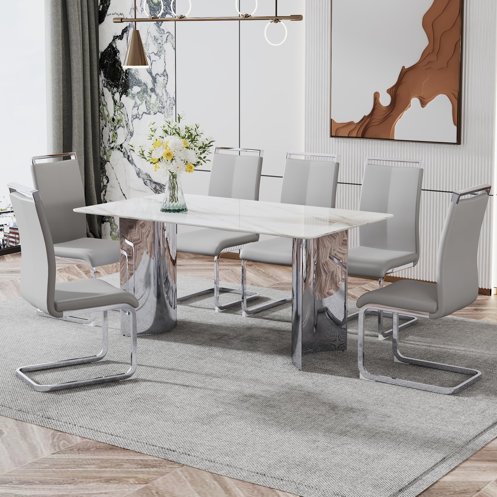 Maotifeys Marble Dining Table Set for 6, 7 Piece Modern Dining Room Table Set with Rectangle Kitchen Table and Upholstered Leather Chairs, 63" White Faux Marble Dining Table Chairs Set of 6,Light Grey