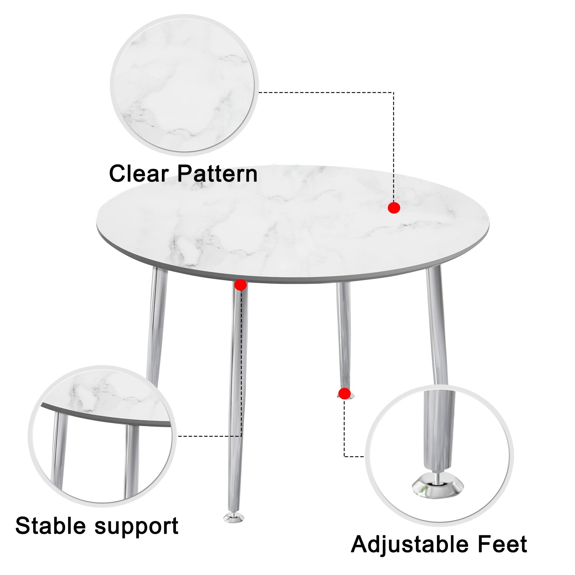 Pvillez 45" Round Dining Table, Faux Marble Kitchen Dining Room Table for 4, Modern Circle Dining Table with 0.3" White Marble Imitation Tabletop and Silver Metal Legs for Dining Room Kitchen