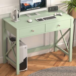 wiberwi home office desk with drawers, small writing computer desk for bedroom, modern green makeup vanity table desk for girls, study table for home office