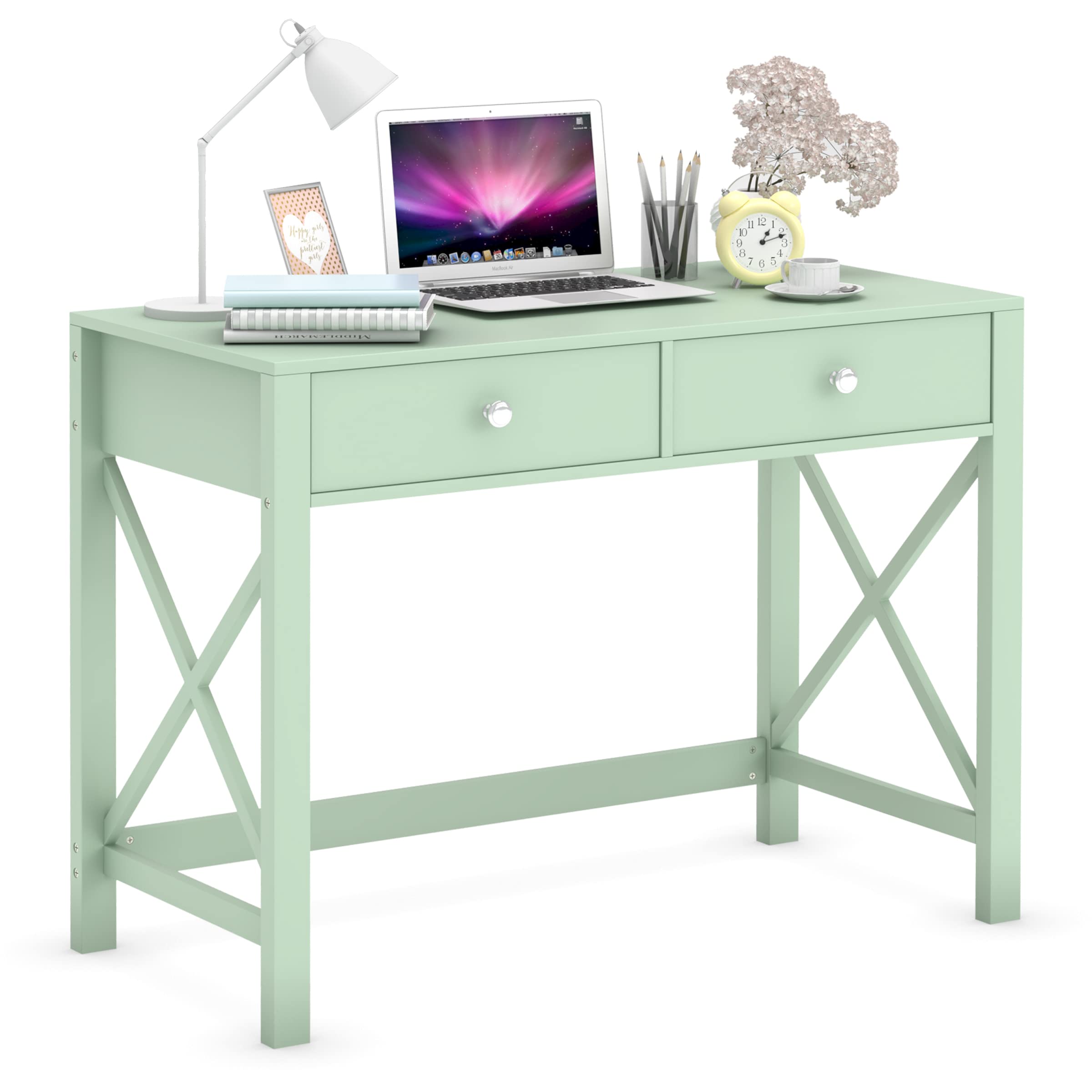 WiberWi Home Office Desk with Drawers, Small Writing Computer Desk for Bedroom, Modern Green Makeup Vanity Table Desk for Girls, Study Table for Home Office