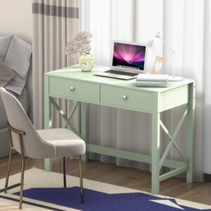 WiberWi Home Office Desk with Drawers, Small Writing Computer Desk for Bedroom, Modern Green Makeup Vanity Table Desk for Girls, Study Table for Home Office
