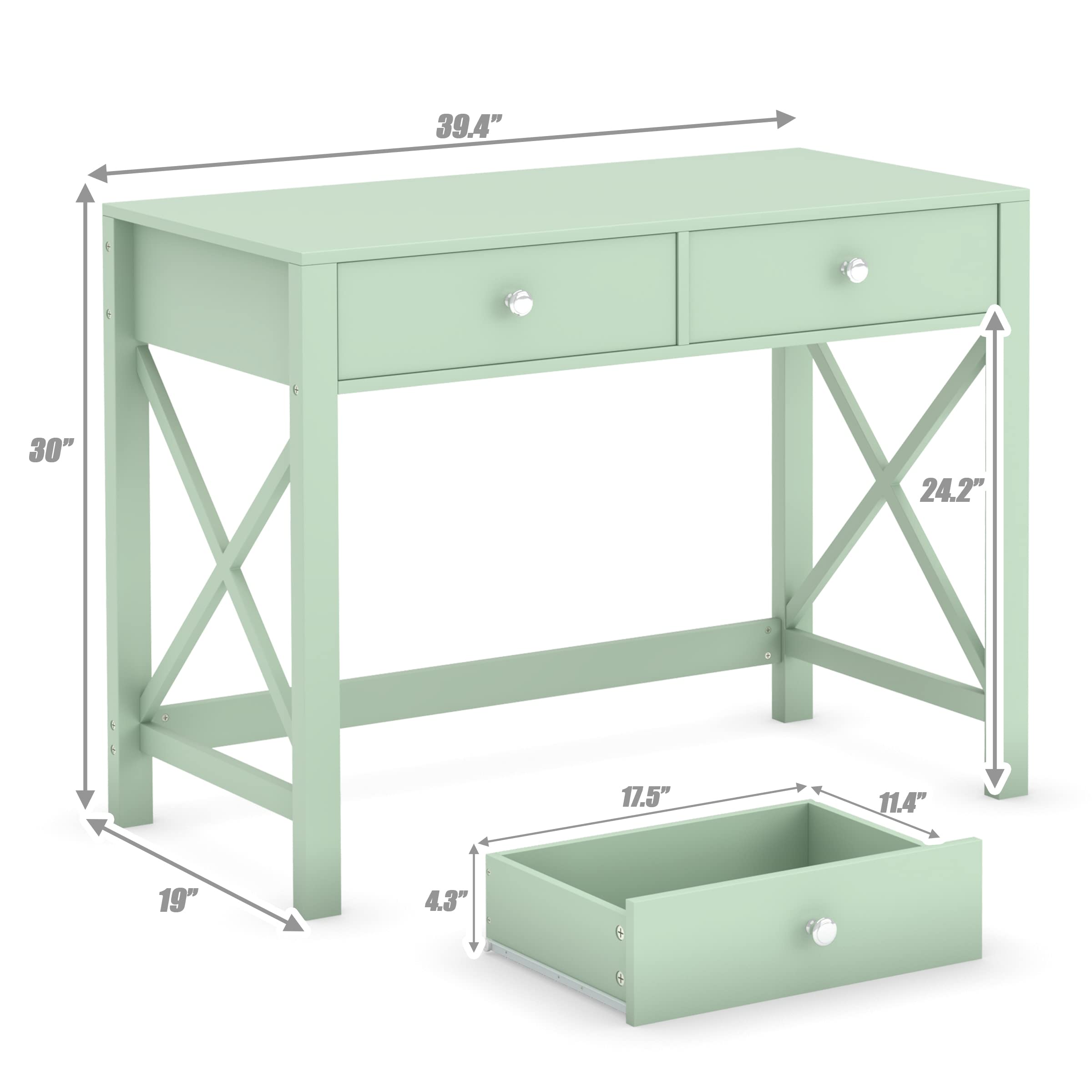 WiberWi Home Office Desk with Drawers, Small Writing Computer Desk for Bedroom, Modern Green Makeup Vanity Table Desk for Girls, Study Table for Home Office