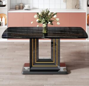 maotifeys luxury faux marble dining table for 6 rectangular kitchen table with black gold pedestal base elegant black marble dinner table for 4-6 people in kitchen dining room office