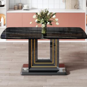 Maotifeys Luxury Faux Marble Dining Table for 6 Rectangular Kitchen Table with Black Gold Pedestal Base Elegant Black Marble Dinner Table for 4-6 People in Kitchen Dining Room Office