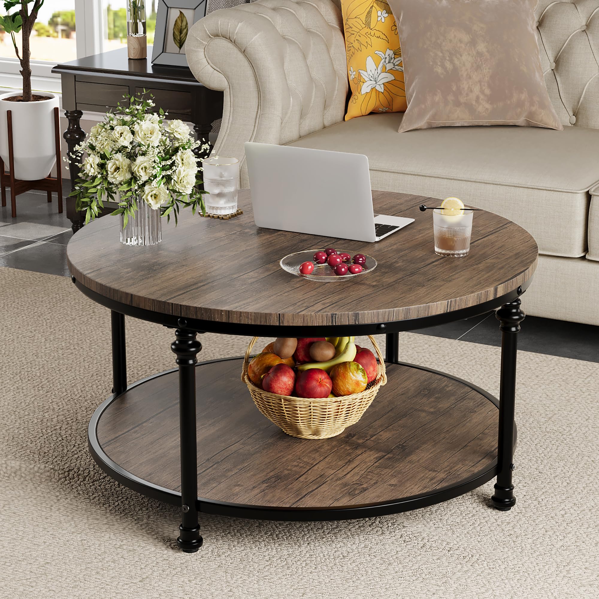 GAOMON Round Coffee Table Living Room 34.25in Rustic Circle Center Table with Storage Shelf 2-Tier Modern Wood Coffee Table Metal Frame, Easy Assembly(Light Walnut)