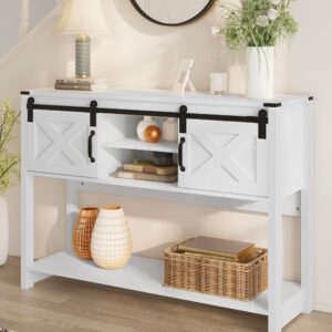 royalcraft farmhouse entryway table with storage, 46" console table with sliding barn door, wood rustic sofa table with adjustable shelf for hallway, living room, foyer, white