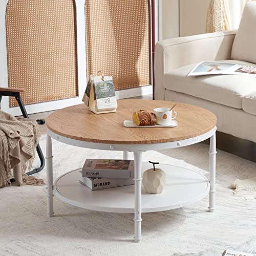 VINGLI 31.5" Natural White Round Farmhouse Coffee Table, 2-Tier Storage Wood Center Circle Accent Table for Living Room, Bedroom, Apartment, Studio and Small Spaces, Sturdy Metal Frame, Natural Color