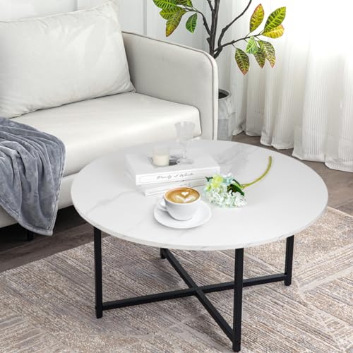 TOYSINTHEBOX Round Coffee Table Modern Coffee Table Sofa Table Tea Table for Living Room, Office Desk, Balcony, Wood Desktop and Metal Legs, White Marble, 31.5"