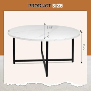 TOYSINTHEBOX Round Coffee Table Modern Coffee Table Sofa Table Tea Table for Living Room, Office Desk, Balcony, Wood Desktop and Metal Legs, White Marble, 31.5"