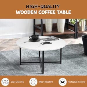 TOYSINTHEBOX Round Coffee Table Modern Coffee Table Sofa Table Tea Table for Living Room, Office Desk, Balcony, Wood Desktop and Metal Legs, White Marble, 31.5"