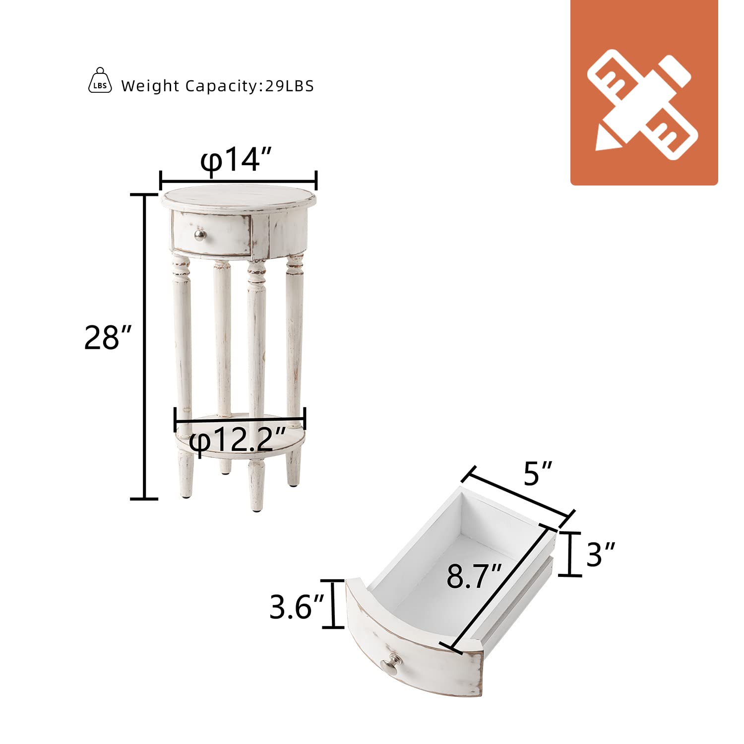 HOMPUS Tall End Table with Drawer, 2 Pieces Rustic Round Side Table with 4 Wood Leg, 2-Tier Nightstand Sets with Hand-Painted Finish, Small Accent Table for Living Room, Bedroom