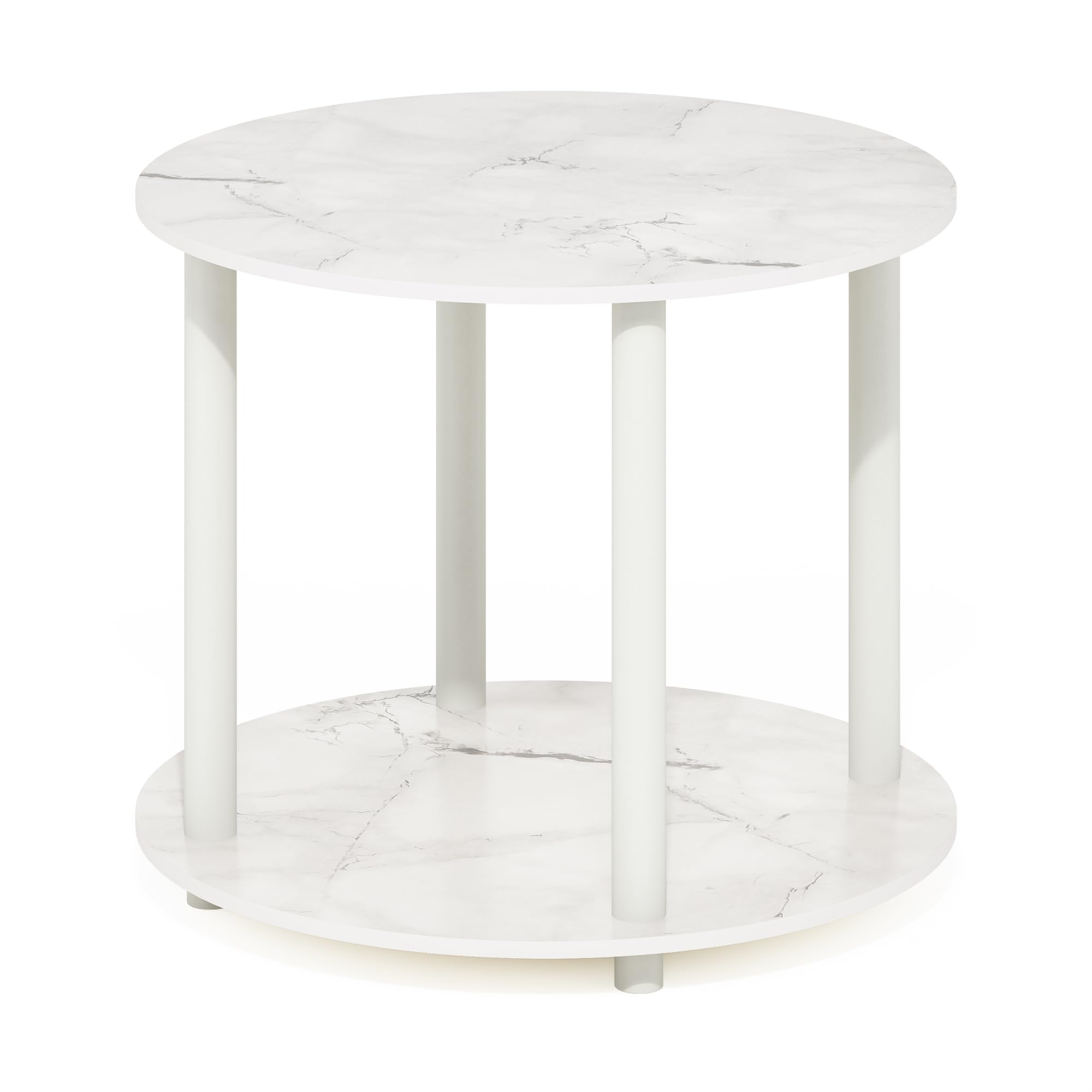 Furinno Turn-N-Tube Simple Design 2-Tier Round Wooden Small Coffee Table, Marble White
