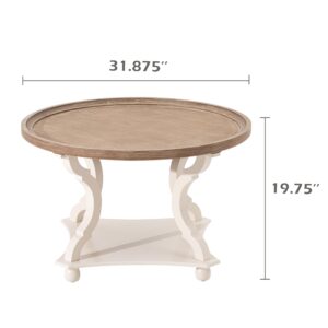 COZAYH Round Farmhouse Coffee Table with Handmade Finishes, Wood Tray Top Rustic Coffee Table for Added Thickness, Accent Table with Storage for Living,White 32“X32”X20“