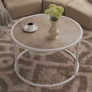 saygoer marble coffee table small round center table simple modern boho for living room home office, 27.6 * 27.6 * 17.7, easy assembly, cream white faux marble