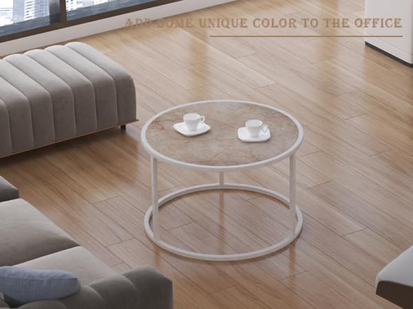 SAYGOER Marble Coffee Table Small Round Center Table Simple Modern Boho for Living Room Home Office, 27.6 * 27.6 * 17.7, Easy Assembly, Cream White Faux Marble