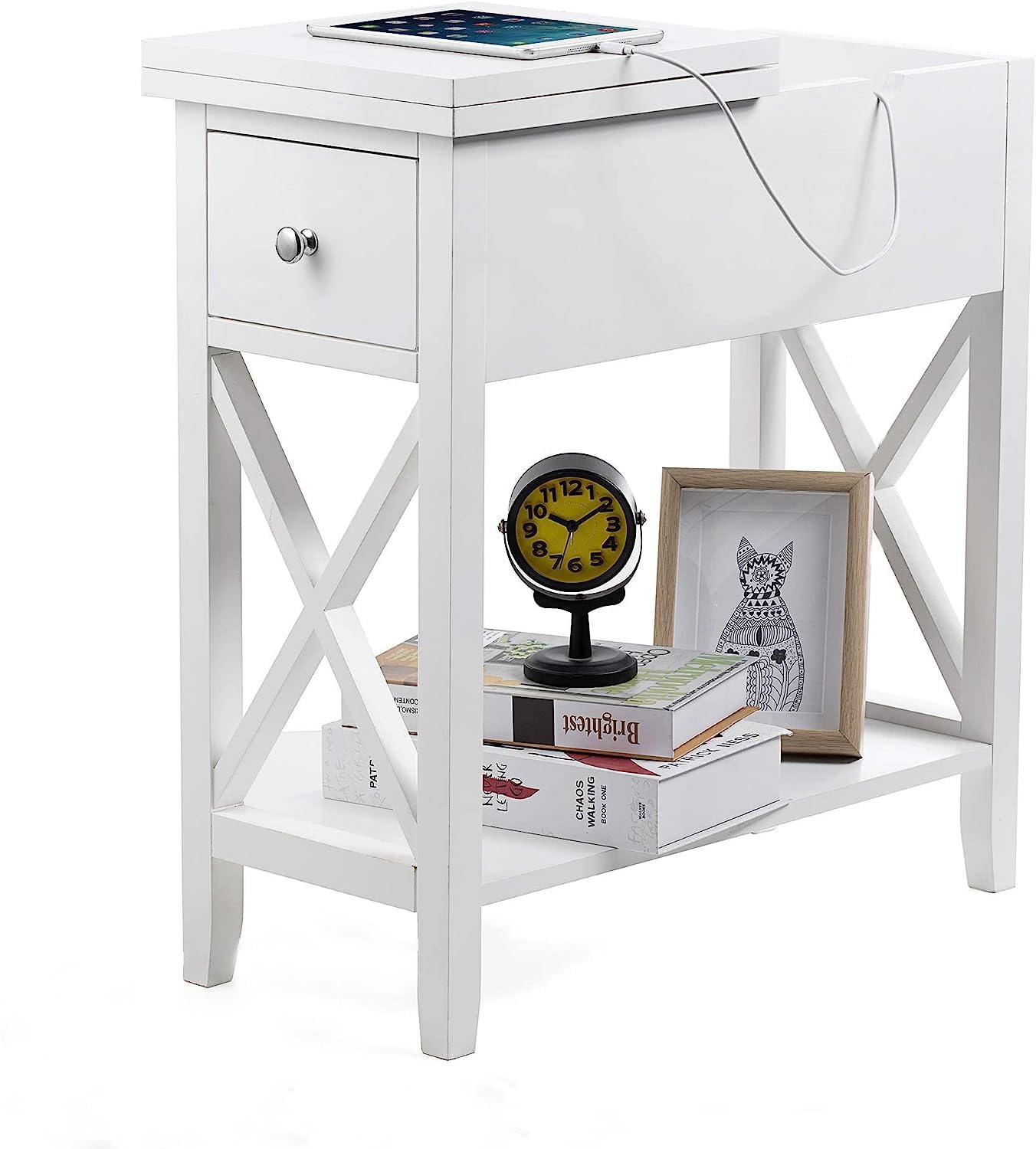 ChooChoo End Table, MDF Material Flip Top Narrow End Table with Drawer, Accent Small Side Table Nightstand for Living Room, Bedroom, and Small Spaces - White