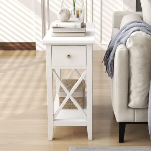 ChooChoo End Table, MDF Material Flip Top Narrow End Table with Drawer, Accent Small Side Table Nightstand for Living Room, Bedroom, and Small Spaces - White