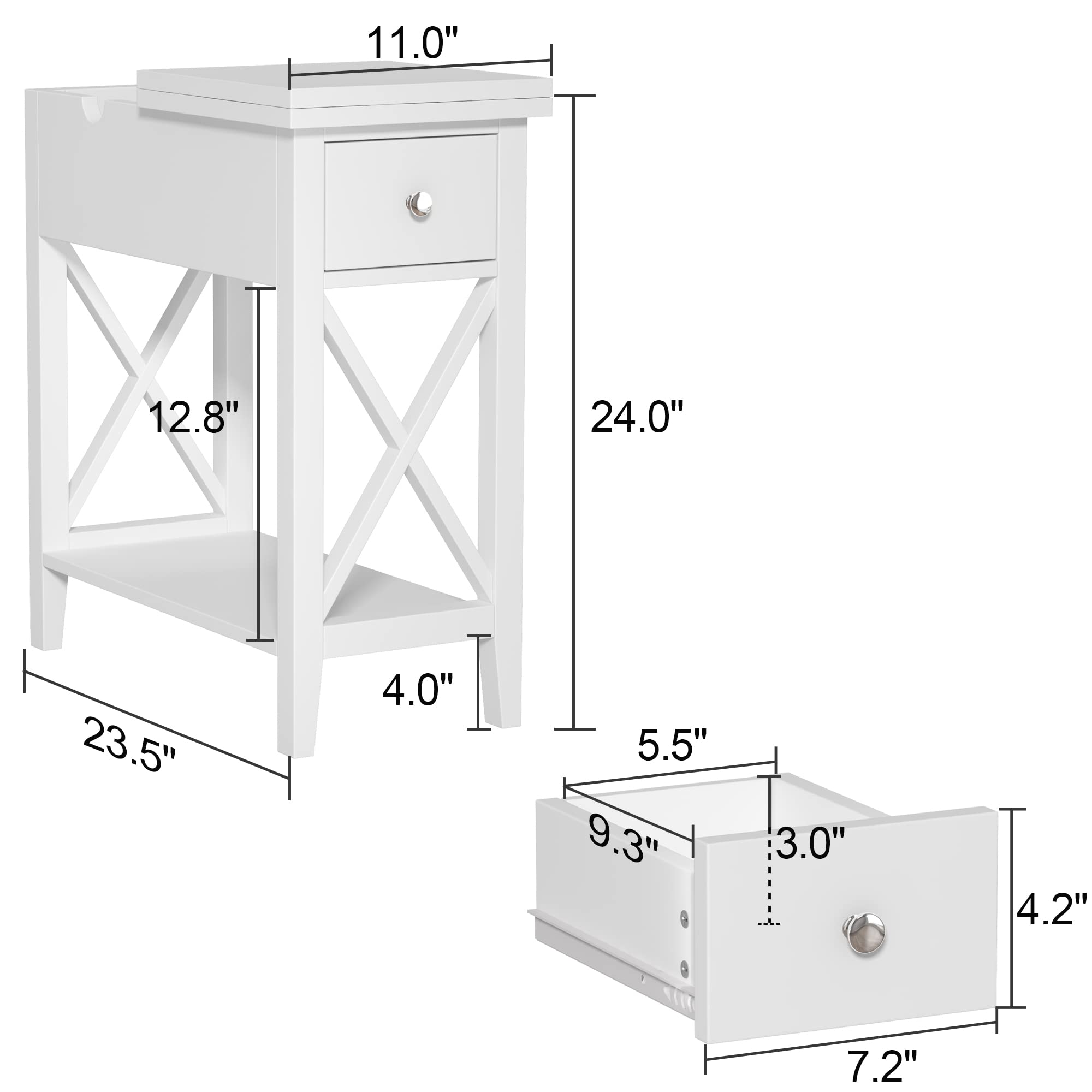 ChooChoo End Table, MDF Material Flip Top Narrow End Table with Drawer, Accent Small Side Table Nightstand for Living Room, Bedroom, and Small Spaces - White