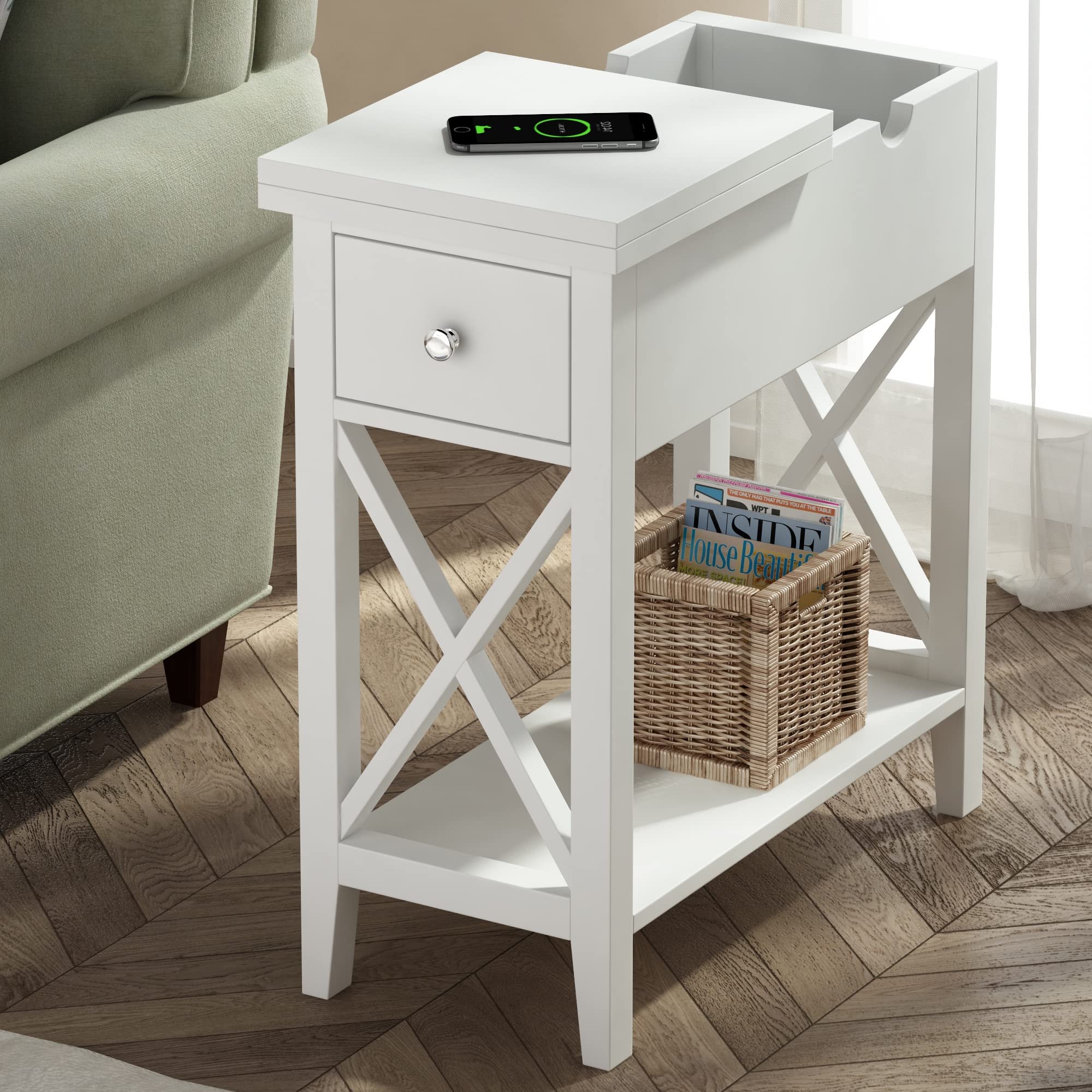 ChooChoo End Table, MDF Material Flip Top Narrow End Table with Drawer, Accent Small Side Table Nightstand for Living Room, Bedroom, and Small Spaces - White