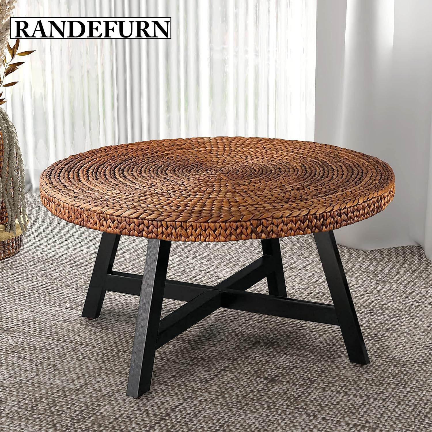 RANDEFURN Round Coffee Table, Seagrass Coffee Solid Pine Wood X Base Frame Cocktail Table, Easy Assembled, Multiple Sizes for Living Room, 32 x 17 Inches,Gold