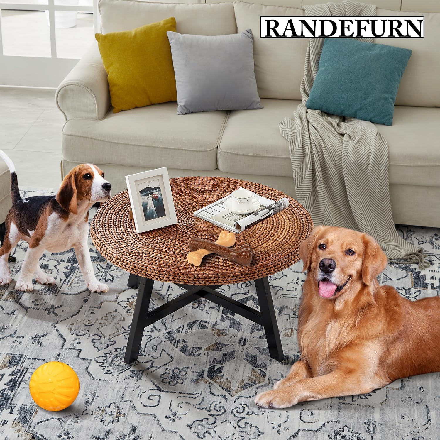 RANDEFURN Round Coffee Table, Seagrass Coffee Solid Pine Wood X Base Frame Cocktail Table, Easy Assembled, Multiple Sizes for Living Room, 32 x 17 Inches,Gold