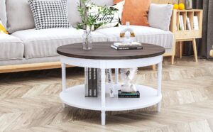 cheemhom round coffee table -33" solid wood farmhouse table for living room, 2-tier rustic circle desktop with storage shelf modern design home furniture brown & white