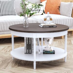 CHEEMHOM Round Coffee Table -33" Solid Wood Farmhouse Table for Living Room, 2-Tier Rustic Circle Desktop with Storage Shelf Modern Design Home Furniture Brown & White