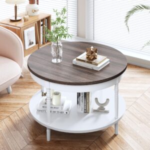 CHEEMHOM Round Coffee Table -33" Solid Wood Farmhouse Table for Living Room, 2-Tier Rustic Circle Desktop with Storage Shelf Modern Design Home Furniture Brown & White