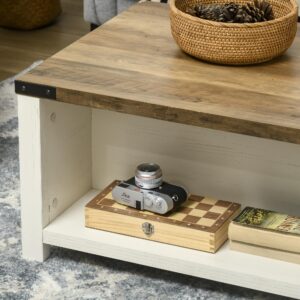 HOMCOM Farmhouse Coffee Table with Storage and Drawer, Rustic Coffee Table for Living Room, Open Shelf, White