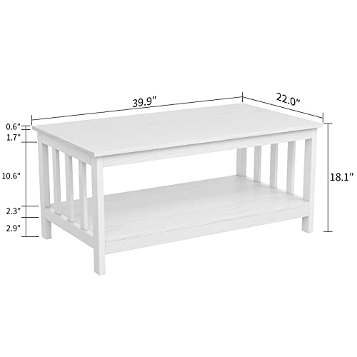 ChooChoo Farmhouse Coffee Table, Pure White Living Room Table with Shelf, 40 Inch