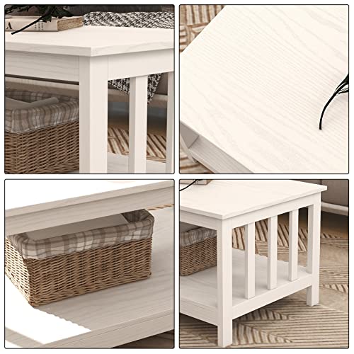 ChooChoo Farmhouse Coffee Table, Pure White Living Room Table with Shelf, 40 Inch