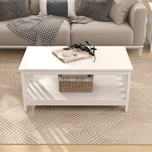 ChooChoo Farmhouse Coffee Table, Pure White Living Room Table with Shelf, 40 Inch