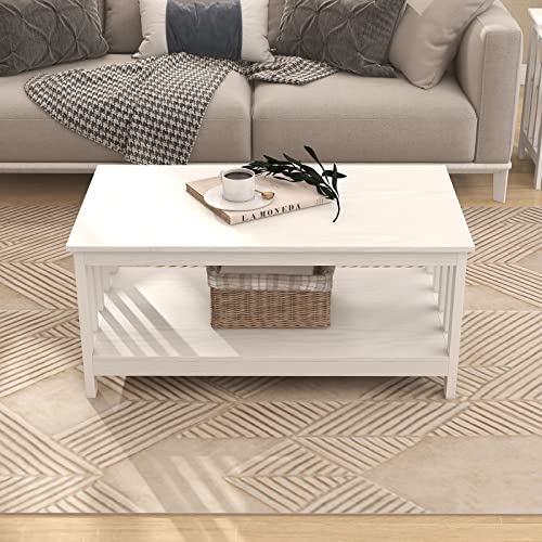 ChooChoo Farmhouse Coffee Table, Pure White Living Room Table with Shelf, 40 Inch