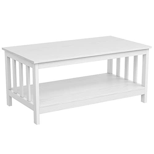 ChooChoo Farmhouse Coffee Table, Pure White Living Room Table with Shelf, 40 Inch