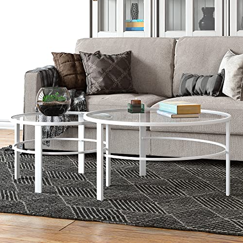 Henn&Hart Round Nested Coffee Table in White, Modern coffee tables for living room, studio apartment essentials, 36" Wide