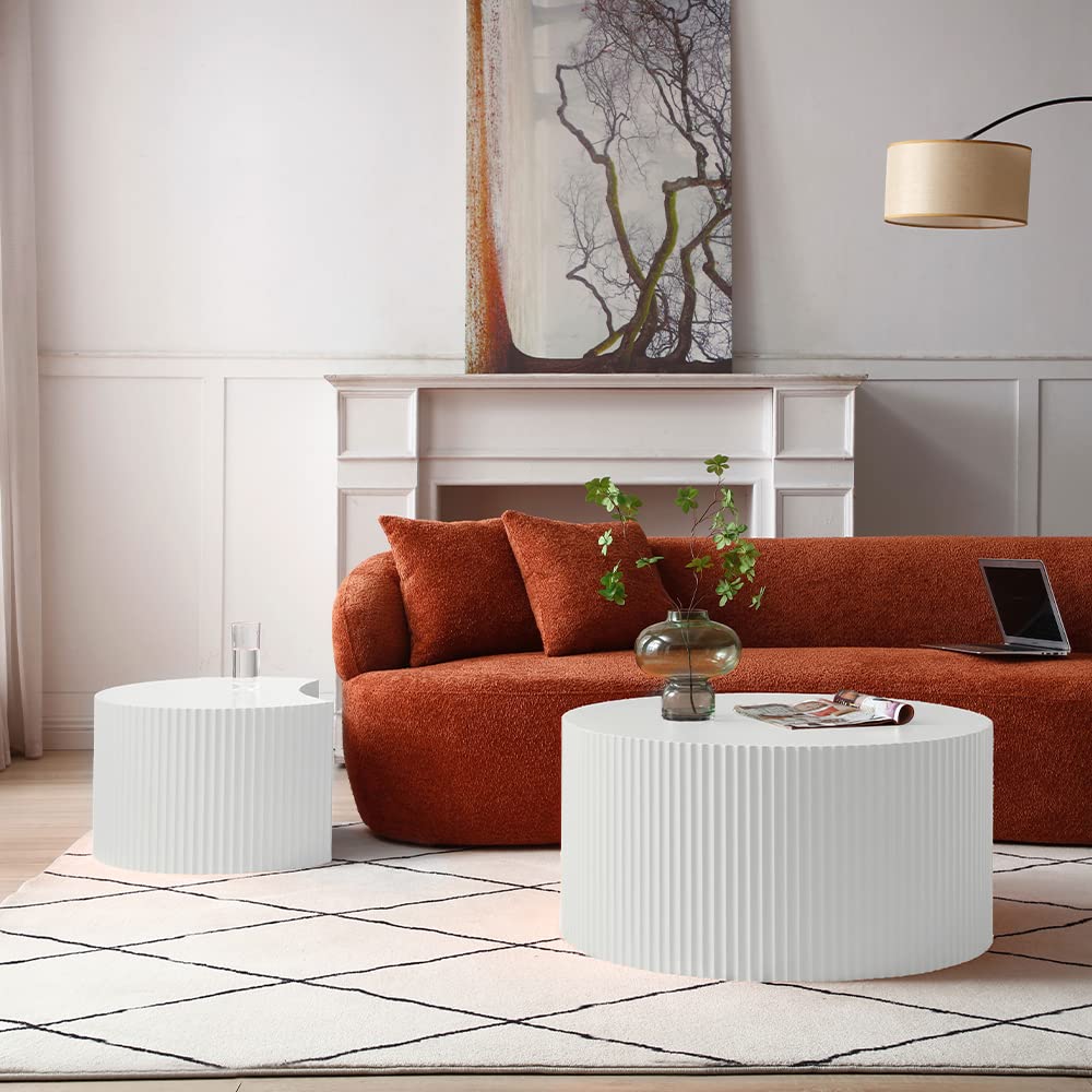 WILLIAMSPACE Nesting Coffee Table Set of 2, Matte White Round Wooden Coffee Tables, Modern Luxury Side Tables Accent End Table for Living Room Apartment (Matte White-Round)