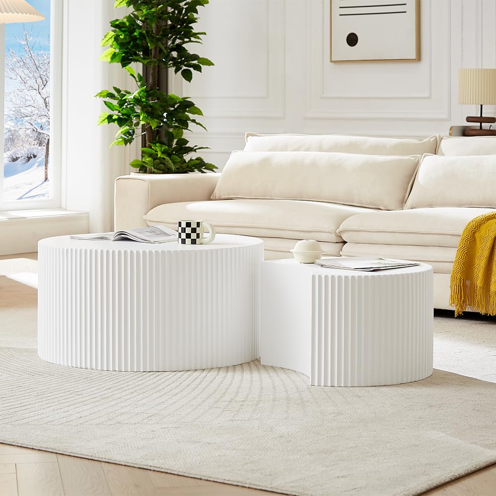 WILLIAMSPACE Nesting Coffee Table Set of 2, Matte White Round Wooden Coffee Tables, Modern Luxury Side Tables Accent End Table for Living Room Apartment (Matte White-Round)