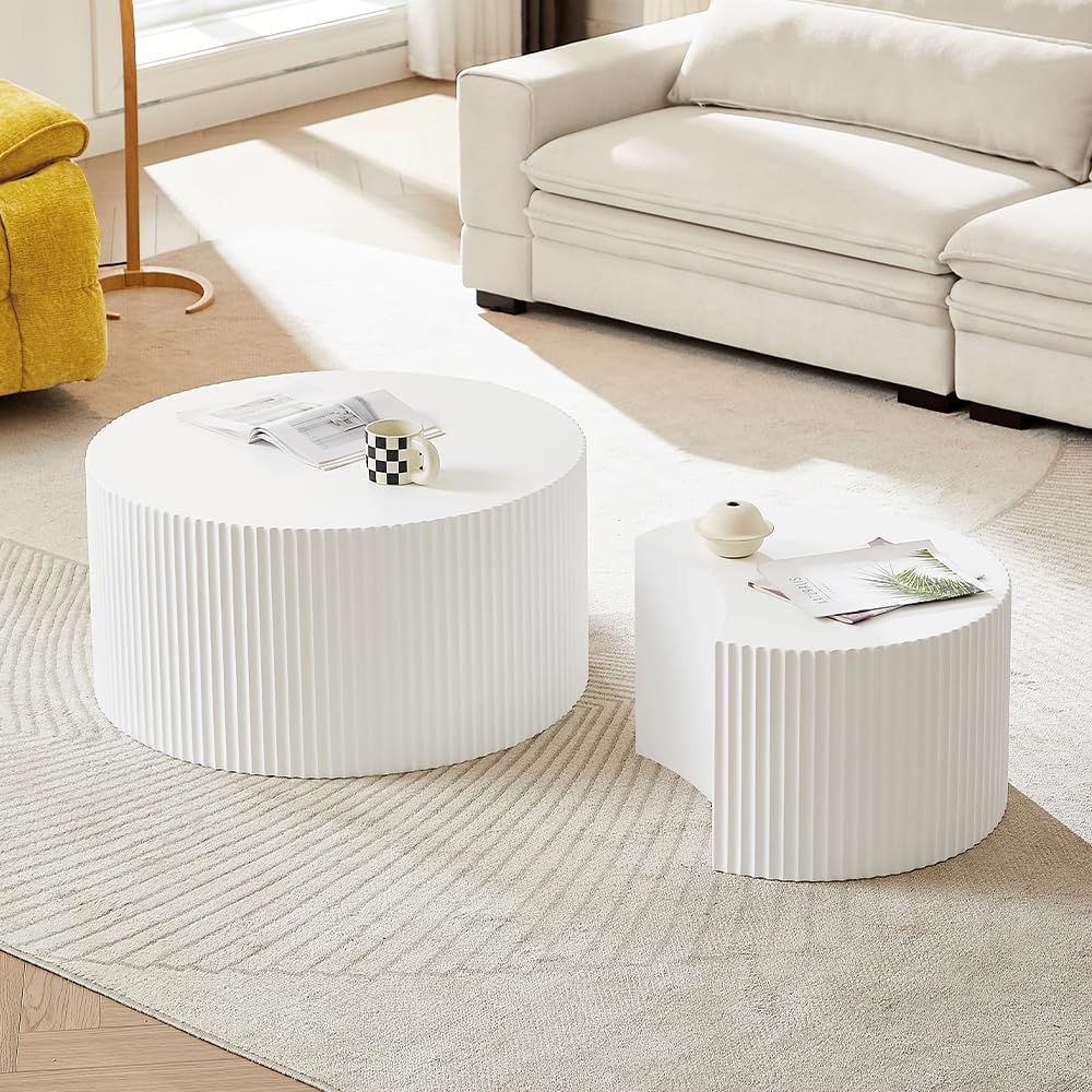 WILLIAMSPACE Nesting Coffee Table Set of 2, Matte White Round Wooden Coffee Tables, Modern Luxury Side Tables Accent End Table for Living Room Apartment (Matte White-Round)