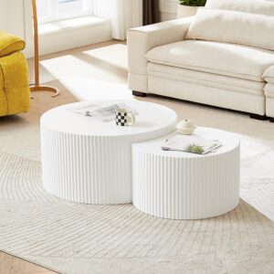 WILLIAMSPACE Nesting Coffee Table Set of 2, Matte White Round Wooden Coffee Tables, Modern Luxury Side Tables Accent End Table for Living Room Apartment (Matte White-Round)