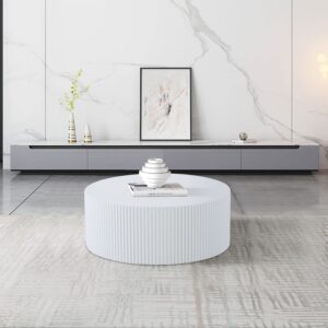 JURMALYN Modern Coffee Table White Round Wooden Drum Coffee Tables Oversize Circle Side Tables Accent End Table Set for Living Room Apartment Mall (Matte White)